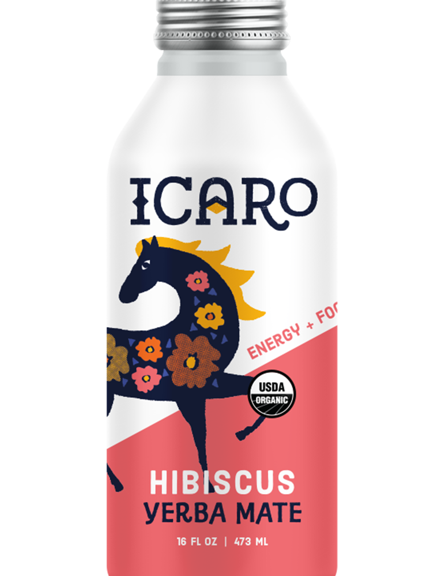Icaro Hibiscus Yerba Mate bottle with colorful label on a white background