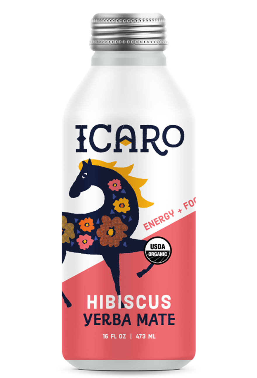 Icaro Hibiscus Yerba Mate bottle with colorful label on a white background