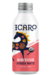 Icaro Hibiscus Yerba Mate bottle with colorful label on a white background